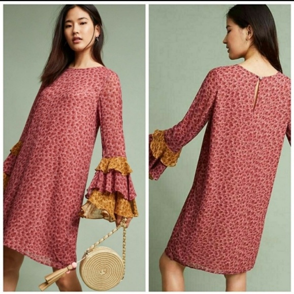 Varun Bahl Lanara yellow pink daisy print layered bell sleeves Small EUC - Picture 2 of 7